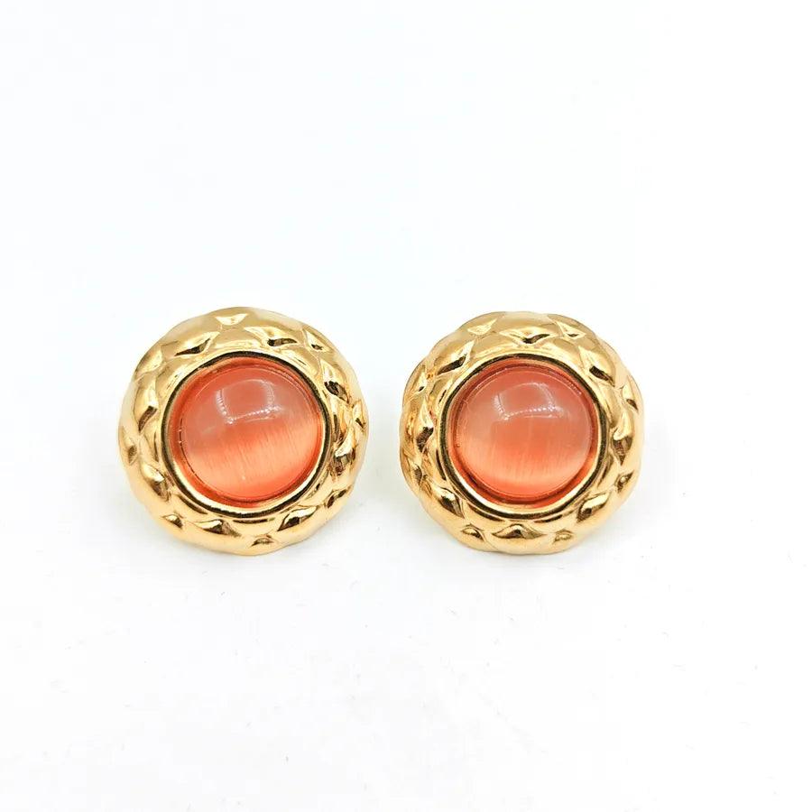 Σκουλαρίκια με πέτρες Round Inlay 304 Stainless Steel Artificial Gemstones Natural Stone Ear Studs - Lilah jewellery boutique 