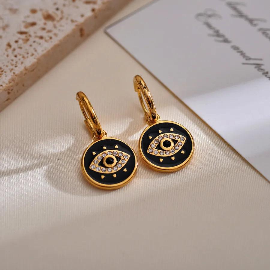 Κρικάκια με ματάκι Devil's Eye Enamel Plating Inlay Stainless Steel Rhinestones Gold Plated Drop Earrings - Lilah jewellery boutique 