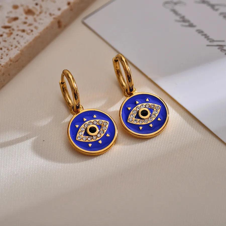 Κρικάκια με ματάκι Devil's Eye Enamel Plating Inlay Stainless Steel Rhinestones Gold Plated Drop Earrings - Lilah jewellery boutique 