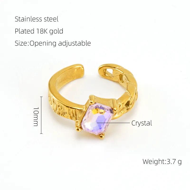 Stainless Steel 18K Gold Plated Elegant Retro Plating Inlay Round Square Luminous Stone Rhinestones Zircon Open Ring - Lilah jewellery boutique 