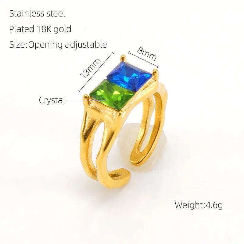 Stainless Steel 18K Gold Plated Elegant Retro Plating Inlay Round Square Luminous Stone Rhinestones Zircon Open Ring - Lilah jewellery boutique 