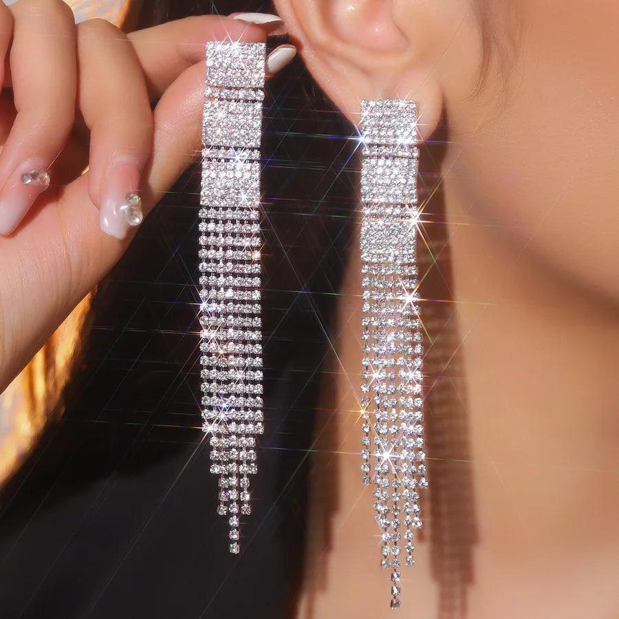 1 Pair Simple Style Classic Style Tassel Inlay 316 Stainless Steel Rhinestones Drop Earrings - Lilah jewellery boutique 