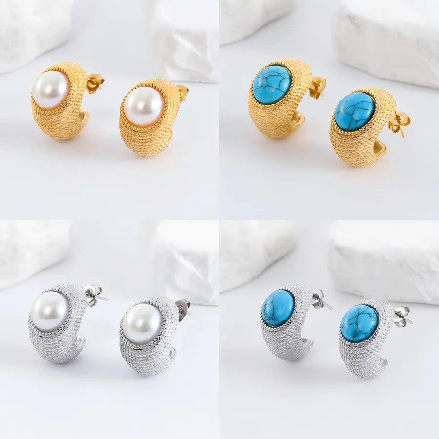 Σκουλαρίκια με πέτρα/πέρλα 304 Stainless Steel Turquoise Ear Studs - Lilah jewellery boutique 