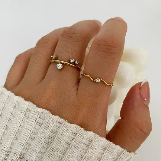 Wholesale Jewelry Commute Korean Style Geometric 316L Stainless Steel Zircon 18K Gold Plated Irregular Inlay Rings - Lilah jewellery boutique 