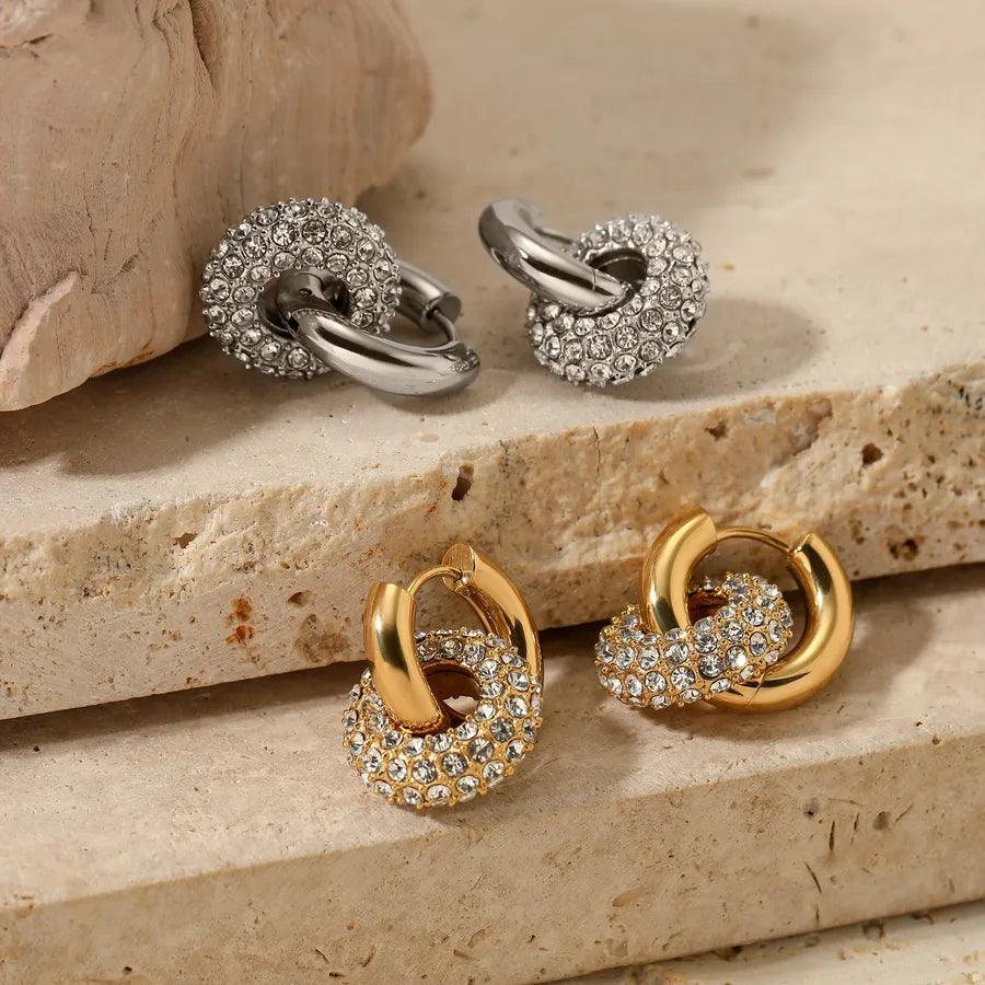 Κρικάκια διπλά με στρας 304 Stainless Steel 16K Gold Plated White Gold Plated Gold Plated Drop Earrings - Lilah jewellery boutique 