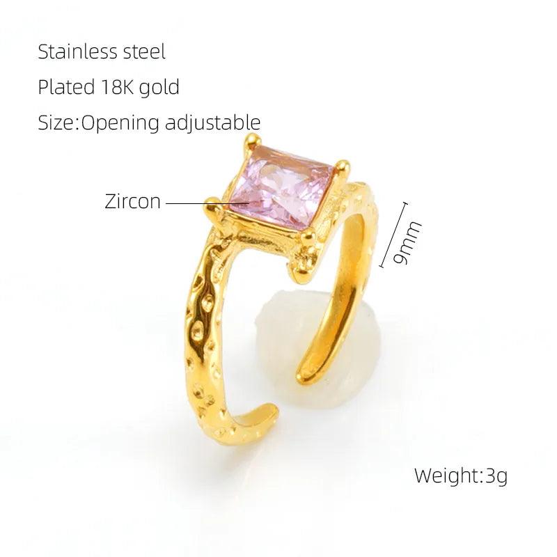 Stainless Steel 18K Gold Plated Elegant Retro Plating Inlay Round Square Luminous Stone Rhinestones Zircon Open Ring - Lilah jewellery boutique 