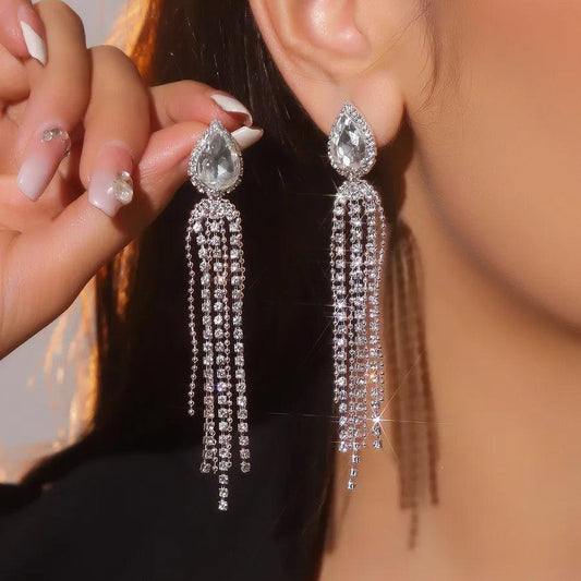 Σκουλαρίκια με στρας κρεμαστά Tropical Tassel Inlay 316 Stainless Steel Rhinestones Drop Earrings - Lilah jewellery boutique 