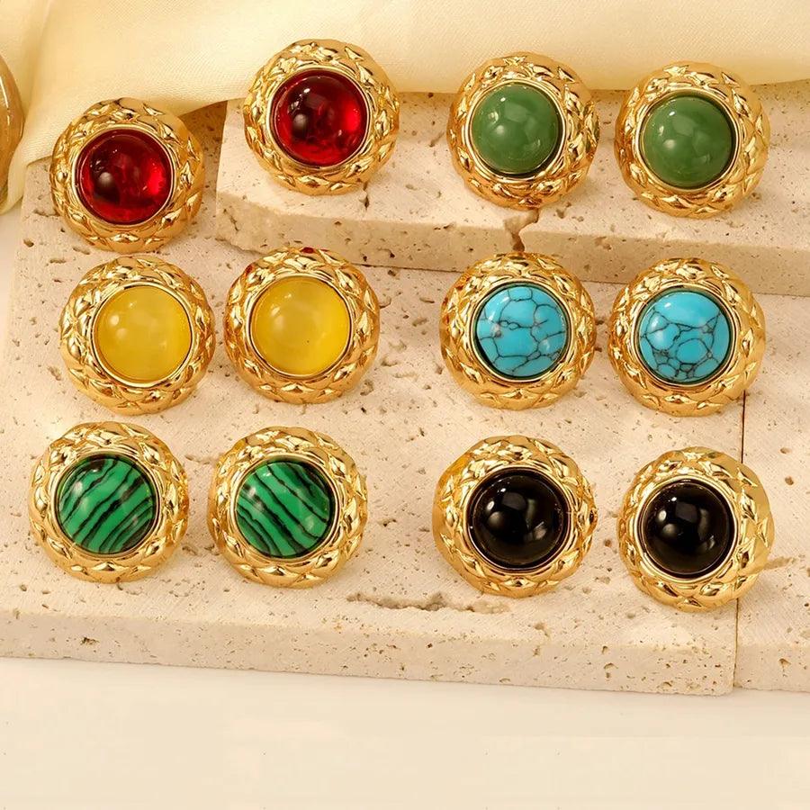 Σκουλαρίκια με πέτρες Round Inlay 304 Stainless Steel Artificial Gemstones Natural Stone Ear Studs - Lilah jewellery boutique 