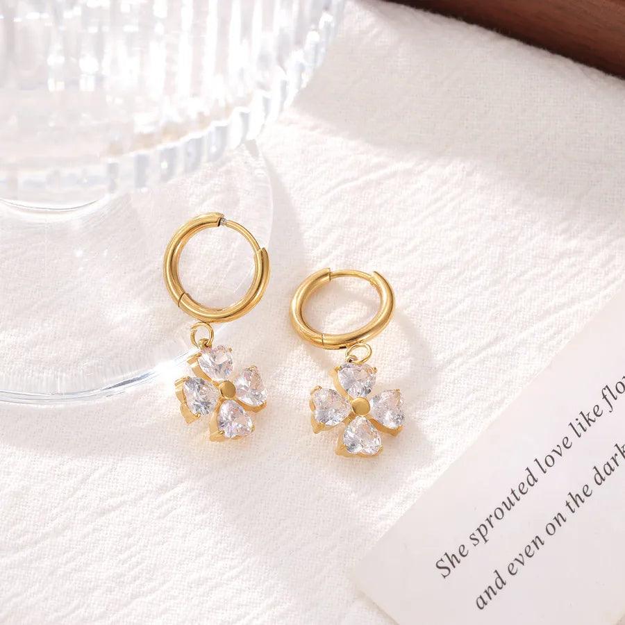 1 Pair Elegant Vintage Style Sweet Flower Inlay 304 Stainless Steel Zircon White Gold Plated Gold Plated Drop Earrings - Lilah jewellery boutique 