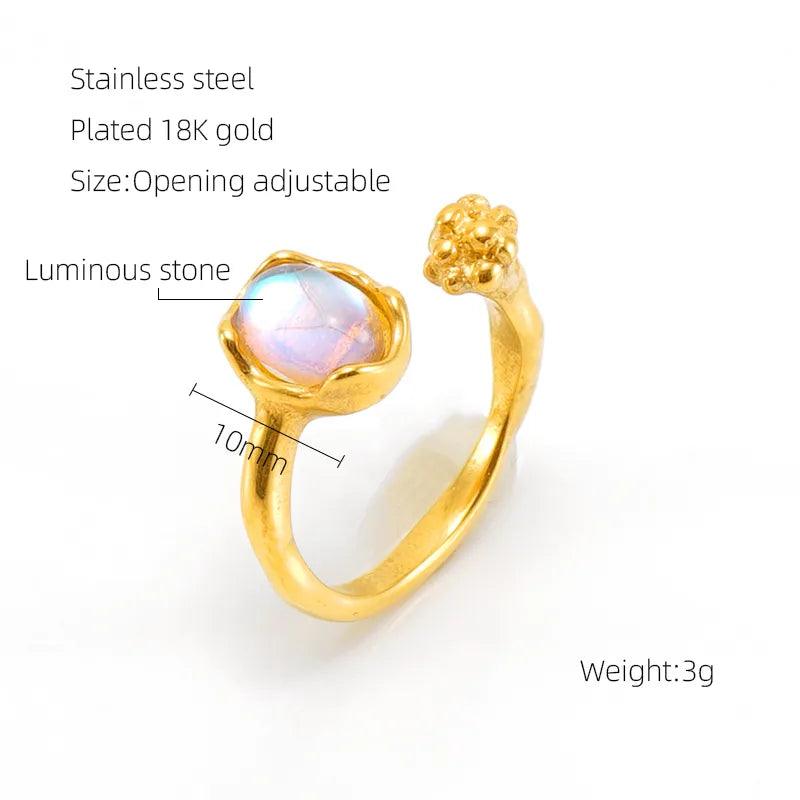 Stainless Steel 18K Gold Plated Elegant Retro Plating Inlay Round Square Luminous Stone Rhinestones Zircon Open Ring - Lilah jewellery boutique 