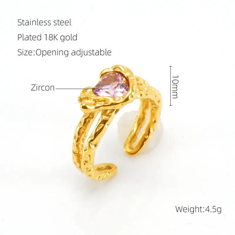 Stainless Steel 18K Gold Plated Elegant Retro Plating Inlay Round Square Luminous Stone Rhinestones Zircon Open Ring - Lilah jewellery boutique 