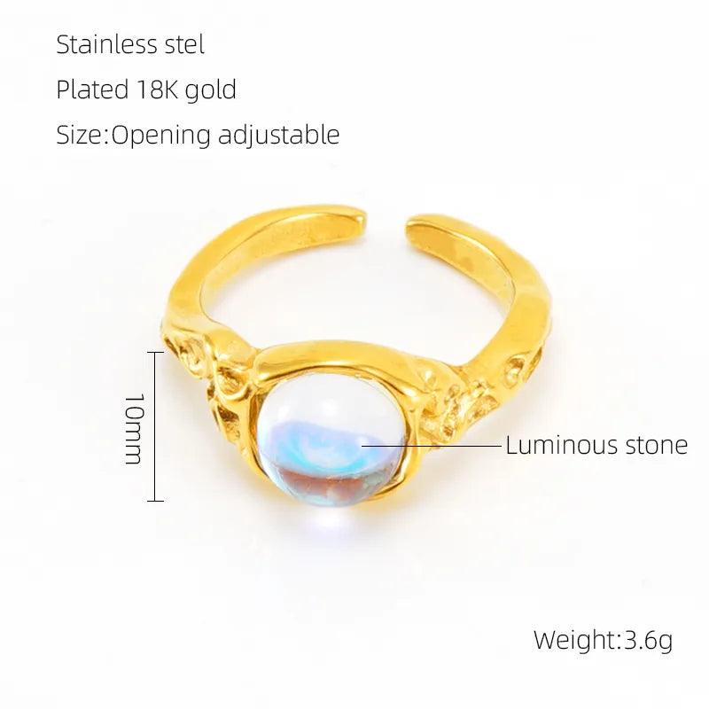 Stainless Steel 18K Gold Plated Elegant Retro Plating Inlay Round Square Luminous Stone Rhinestones Zircon Open Ring - Lilah jewellery boutique 