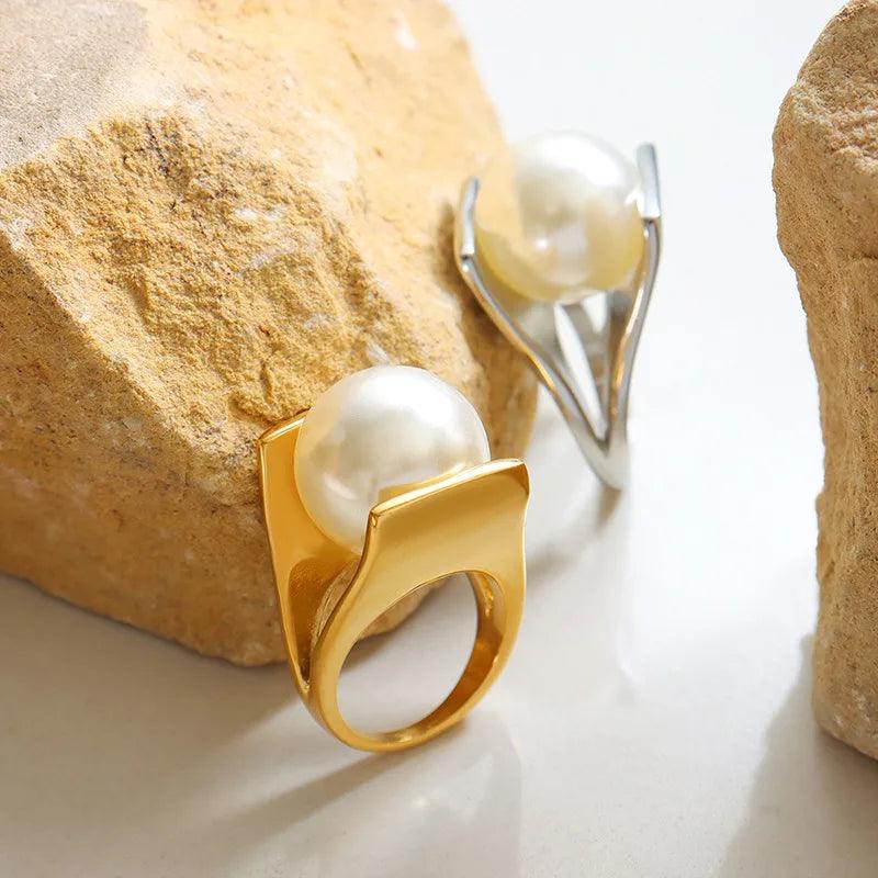 retro geometric titanium steel inlay artificial pearls rings - Lilah jewellery boutique 