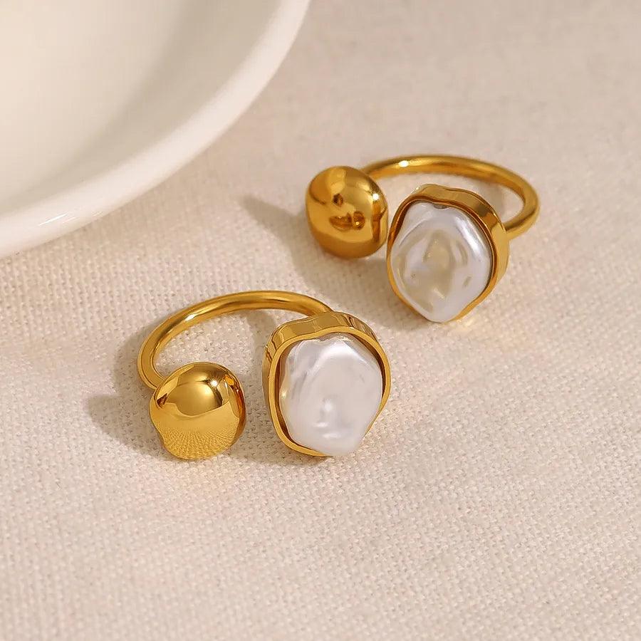 Jewelry Vacation French Style IG Style Geometric 304 Stainless Steel Artificial Pearls 18K Gold Plated Plating Inlay Open Rings - Lilah jewellery boutique 