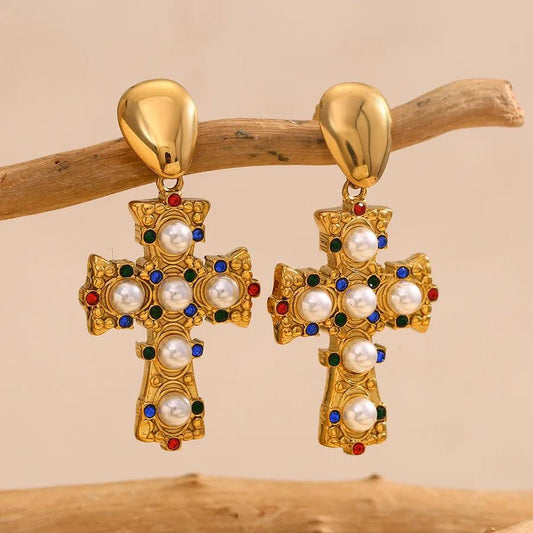 1 Pair Vintage Style Cross 304 Stainless Steel Artificial Pearls 18K Gold Plated Drop Earrings - Lilah jewellery boutique 