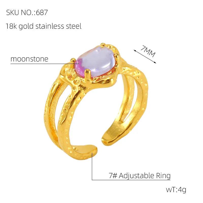 Stainless Steel 18K Gold Plated Elegant Retro Plating Inlay Round Square Luminous Stone Rhinestones Zircon Open Ring - Lilah jewellery boutique 