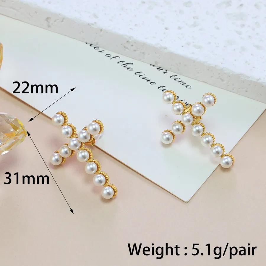 1 Pair Glam Vintage Style Letter Plating Inlay 304 Stainless Steel Artificial Pearls 18K Gold Plated Ear Studs - Lilah jewellery boutique 