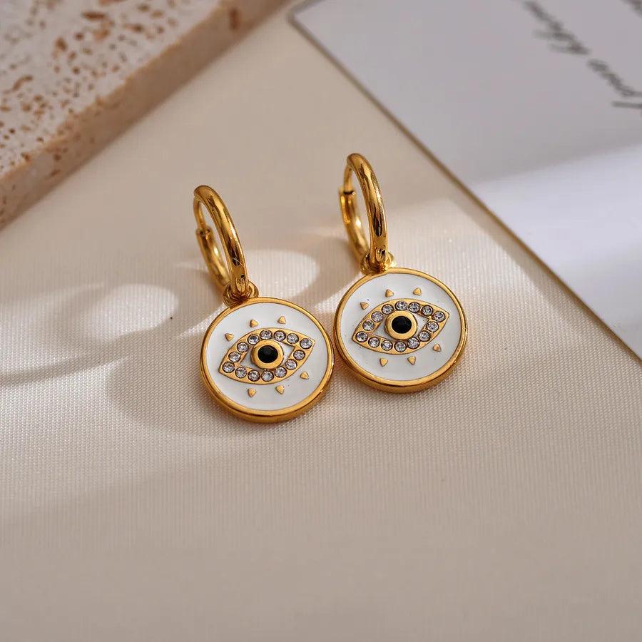 Κρικάκια με ματάκι Devil's Eye Enamel Plating Inlay Stainless Steel Rhinestones Gold Plated Drop Earrings - Lilah jewellery boutique 