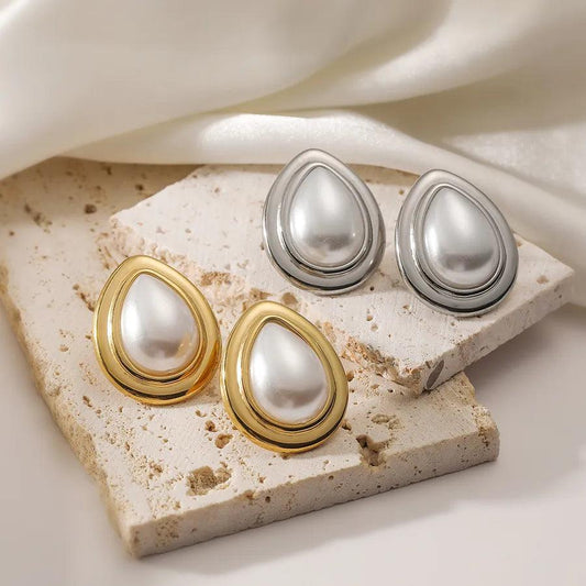 1 Pair Retro Simple Style Water Droplets Plating Inlay 304 Stainless Steel Pearl 18K Gold Plated Ear Studs - Lilah jewellery boutique 