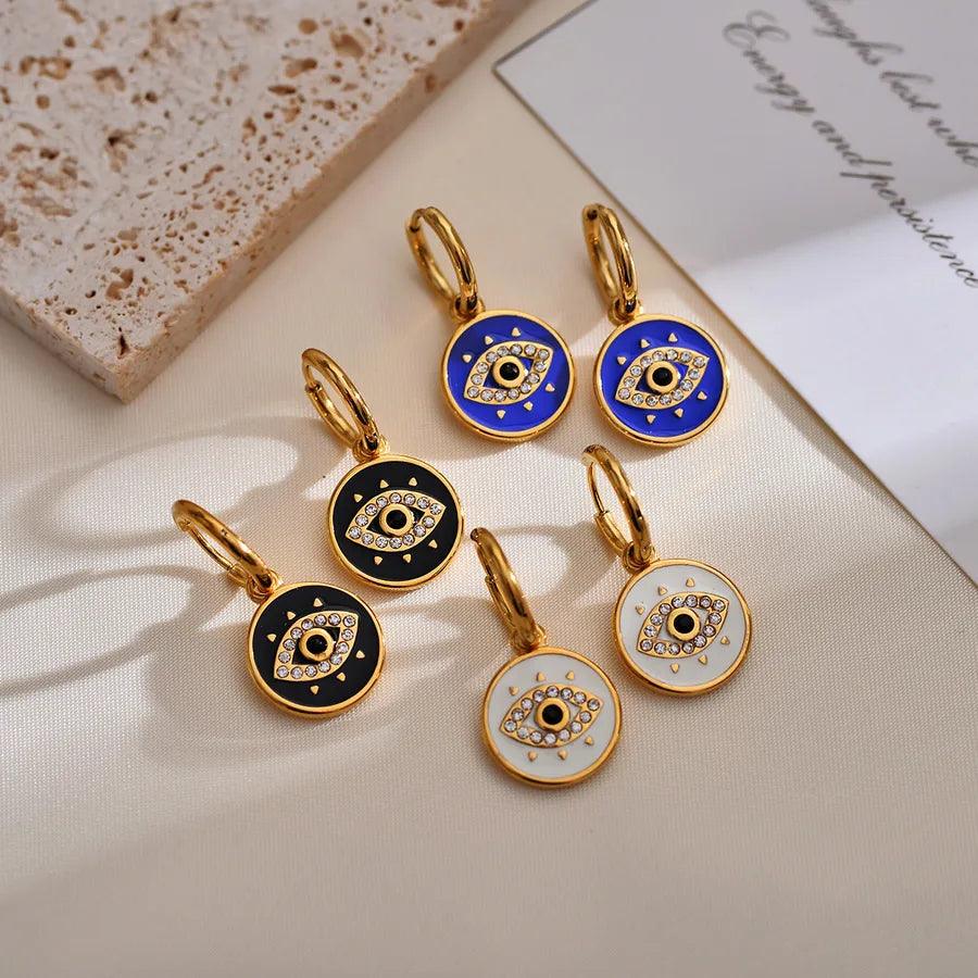 Κρικάκια με ματάκι Devil's Eye Enamel Plating Inlay Stainless Steel Rhinestones Gold Plated Drop Earrings - Lilah jewellery boutique 