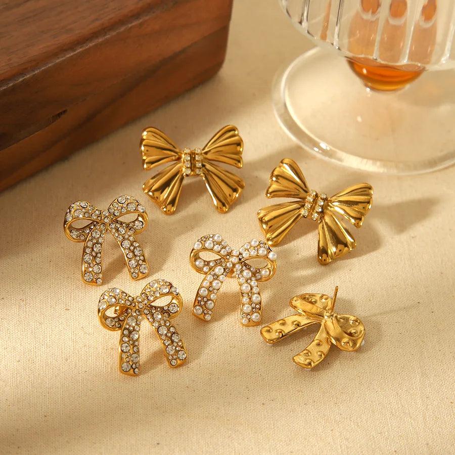 1 Pair IG Style Simple Style Commute Bow Knot Polishing Inlay 304 Stainless Steel Zircon 18K Gold Plated Ear Studs - Lilah jewellery boutique 