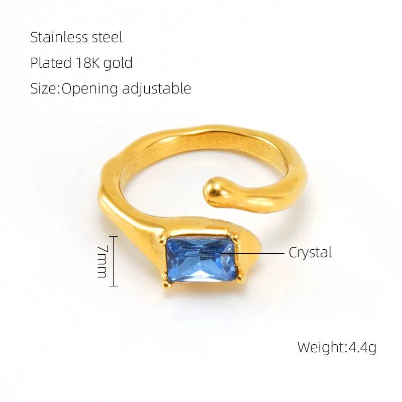 Stainless Steel 18K Gold Plated Elegant Retro Plating Inlay Round Square Luminous Stone Rhinestones Zircon Open Ring - Lilah jewellery boutique 