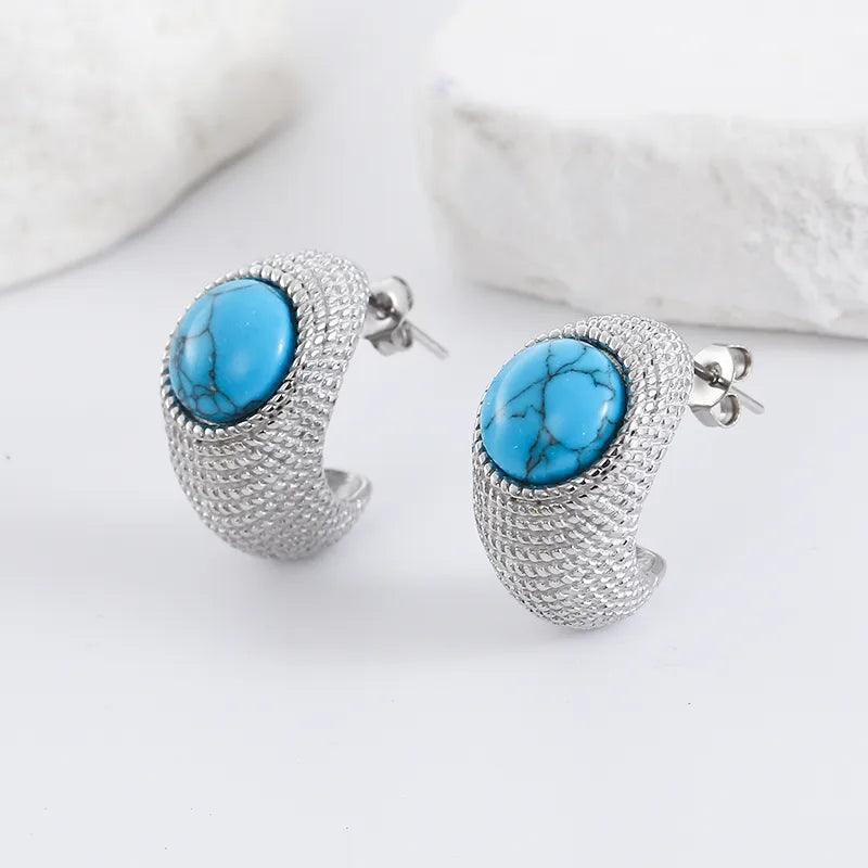 Σκουλαρίκια με πέτρα/πέρλα 304 Stainless Steel Turquoise Ear Studs - Lilah jewellery boutique 