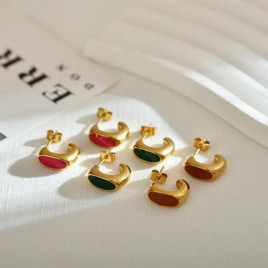 Κρίκοι Style C Shape Enamel Stainless Steel Gold Plated Ear Studs - Lilah jewellery boutique 