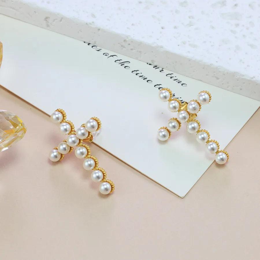 1 Pair Glam Vintage Style Letter Plating Inlay 304 Stainless Steel Artificial Pearls 18K Gold Plated Ear Studs - Lilah jewellery boutique 