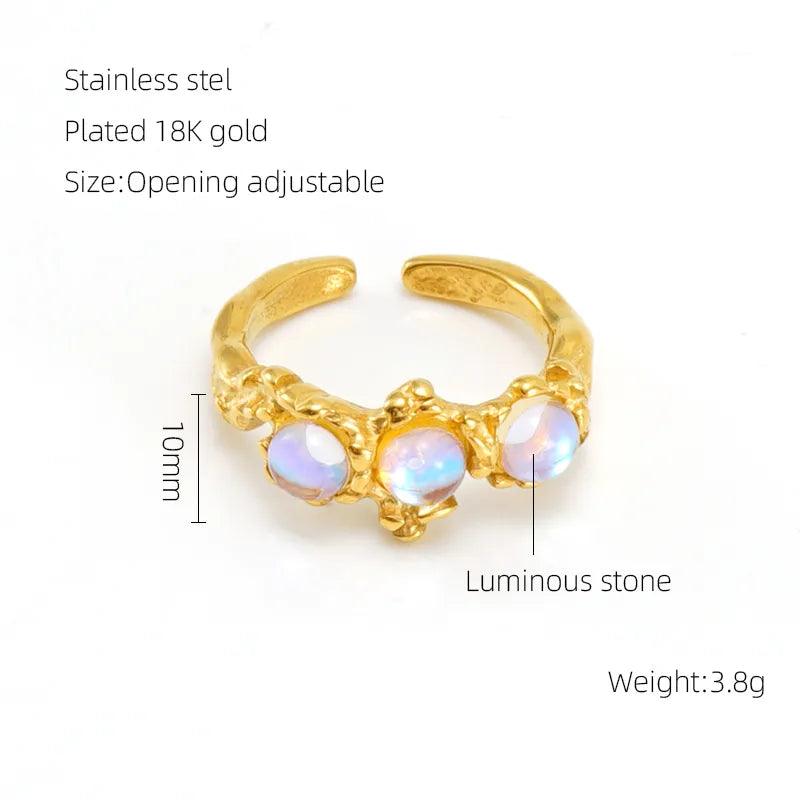 Stainless Steel 18K Gold Plated Elegant Retro Plating Inlay Round Square Luminous Stone Rhinestones Zircon Open Ring - Lilah jewellery boutique 