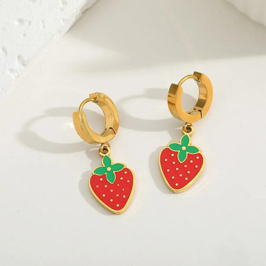 Κρικάκια με φράουλες Strawberry Enamel 304 Stainless Steel 18K Gold Plated Drop Earrings - Lilah jewellery boutique 